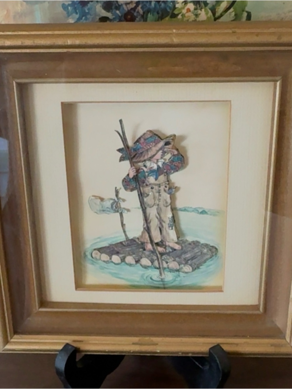 Vintage 1970s 3D Paper Tole Art Child on Raft Bernard Picture Co Framed